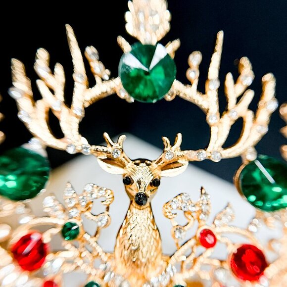 Christmas Gold Crown, Reindeer Crystal Tiara, Christmas Party, Xmas Tree Topper - Picture 2 of 9